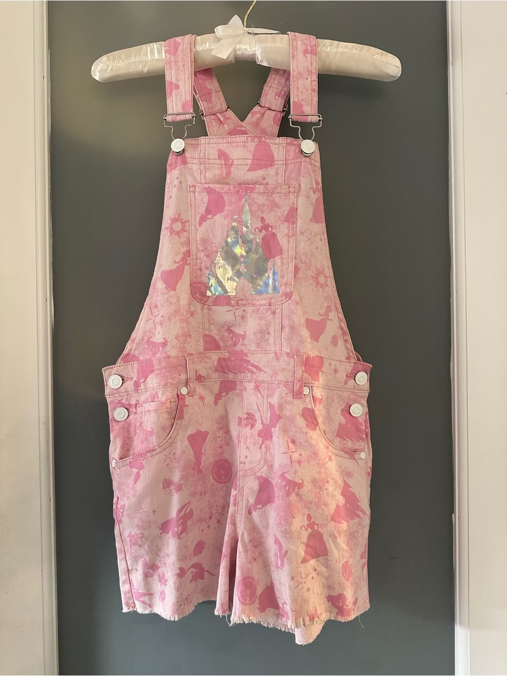 Disney Parks pink overalls w Iredescent castle & all over print
